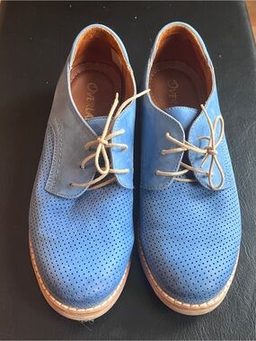 Women’s Blue Suede Shoes - Perforated Suede Flats with Tan Laces - Overland